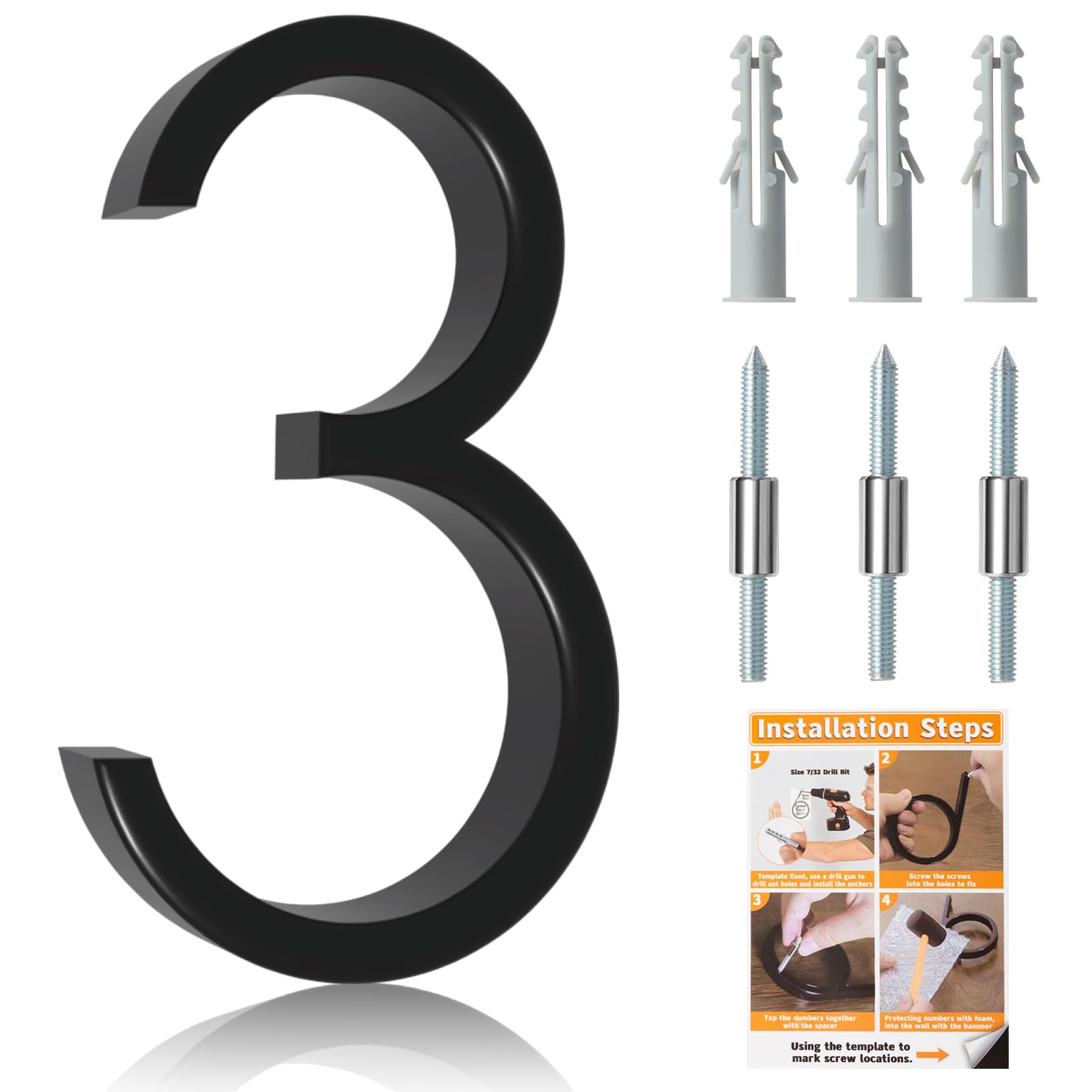 Briout 5" Floating House Numbers for Outside, Metal Modern Address Numbers for House, Zinc Alloy Anti-Rust Mailbox Numbers with Nail Kit for High-Visibility Home& Garden Door Decor, High Gloss Black — image 1