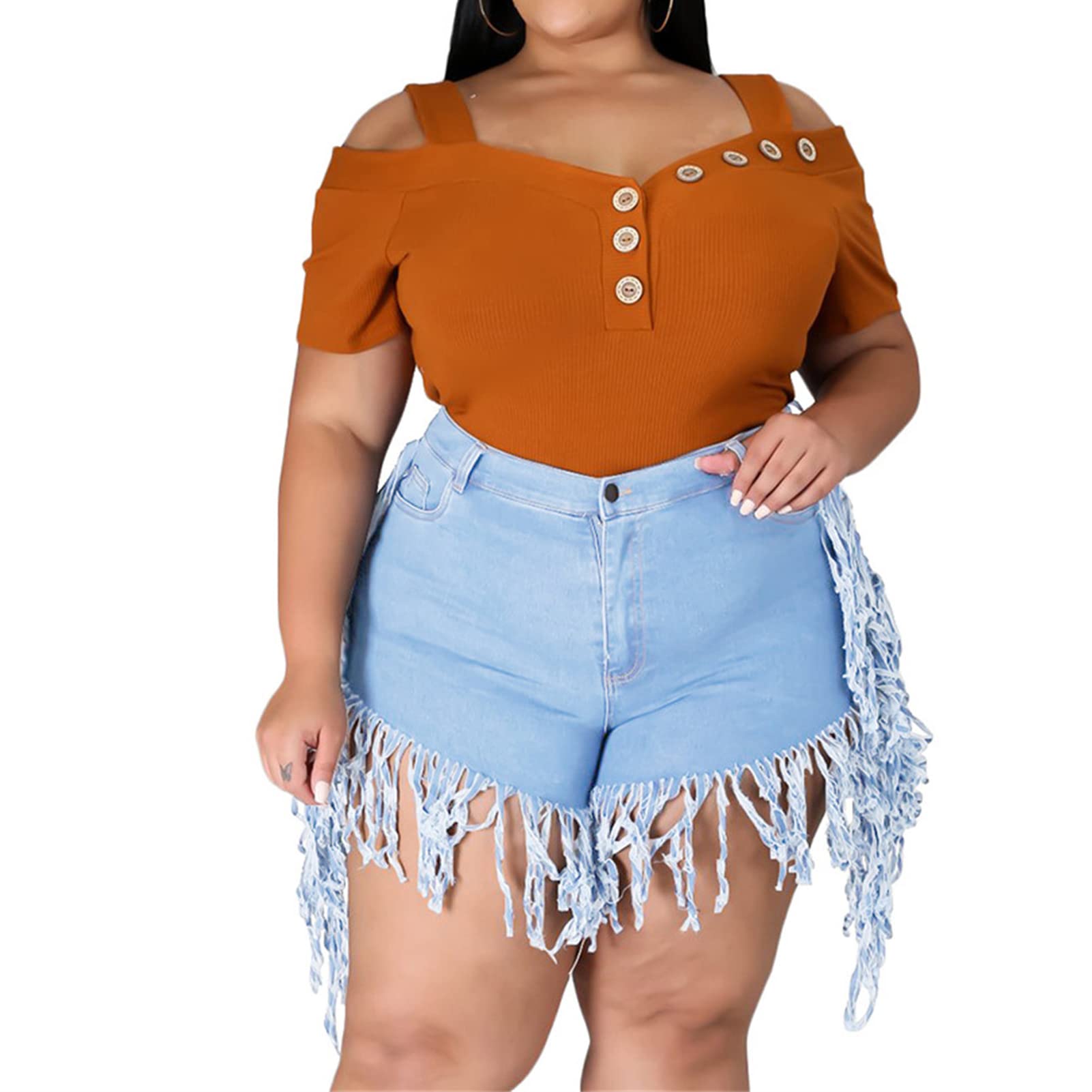 JEKE-DG Women's Plus Size Fringe Raw Hem Denim Shorts High Waisted Tassels Stretchy Hem Short Jeans Clubwear Jeans Short (4X-Large,Light Blue)