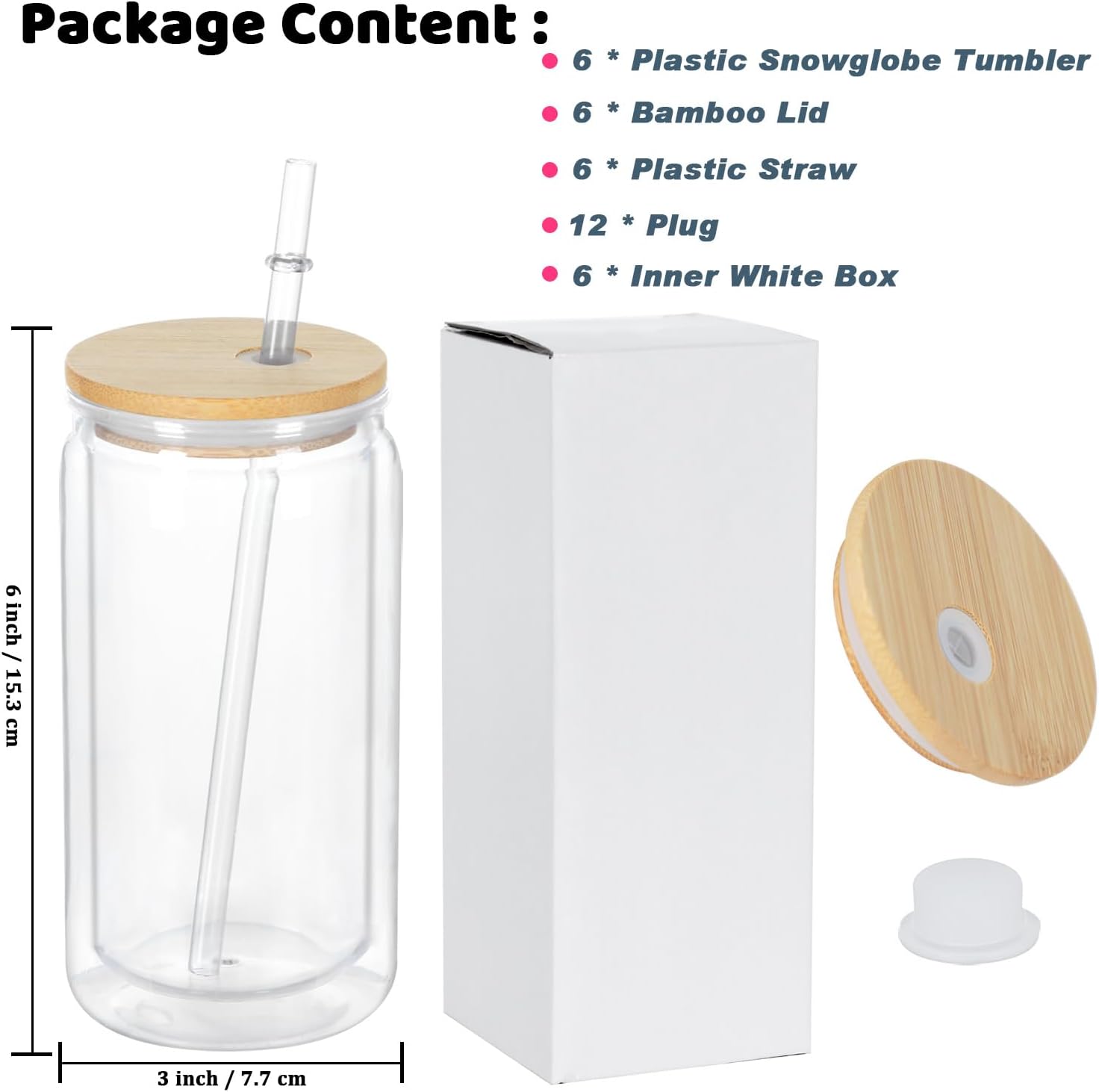 16 Oz Plastic Snowglobe Tumbler, 6 Pack Pre-Drilled Double Wall Plastic Clear Cup for Glitter Snow Globe Diy, Double Wall Snowglobe Cup with Bamboo Lid - Image 6