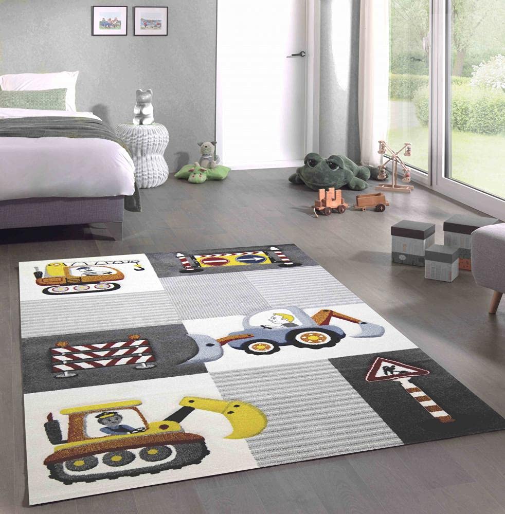 CARPETIA Teppich Kinderzimmer Baustelle schilder Bagger Kran Creme grau gelb Größe 200 x 290 cm