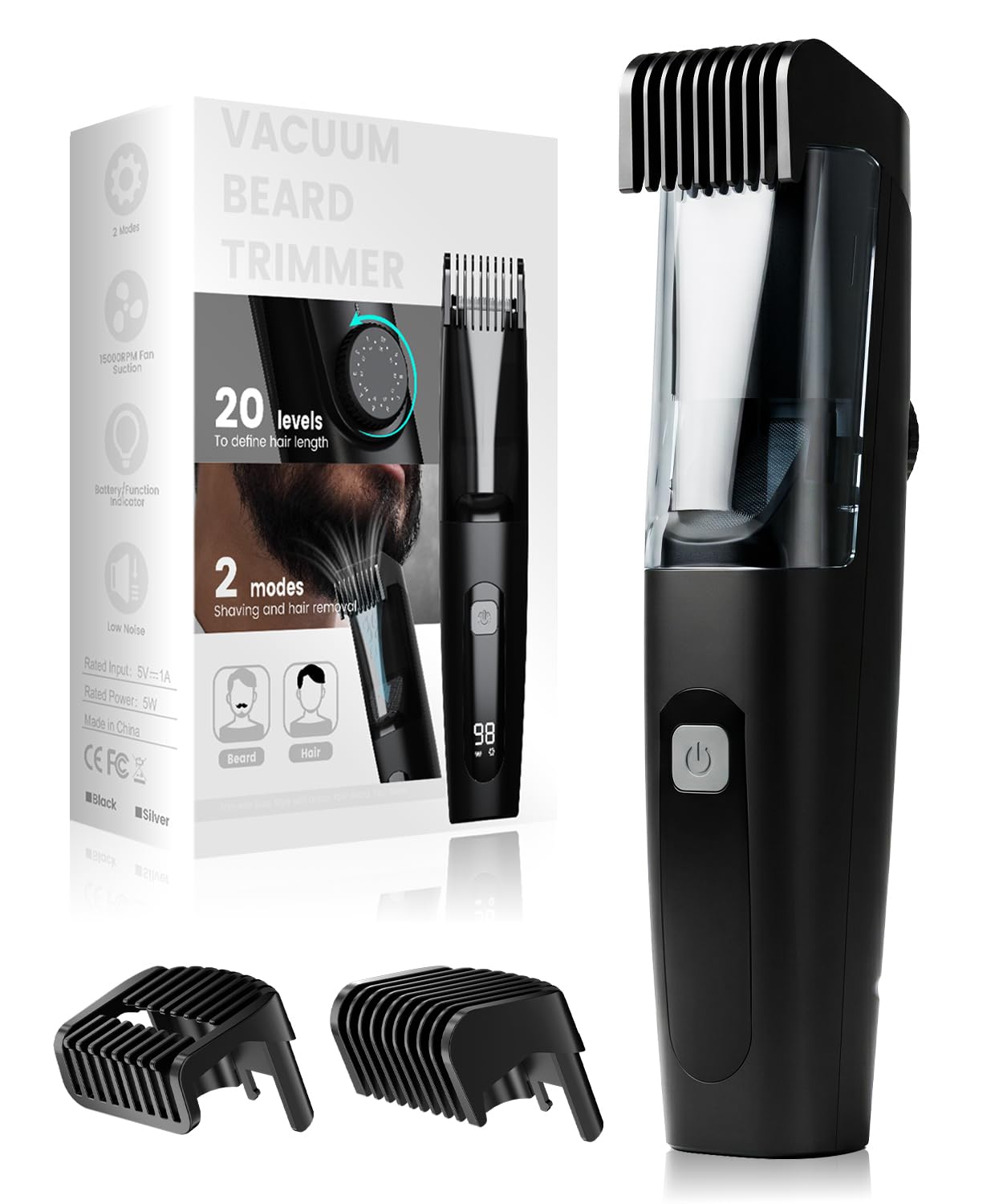 Vacuum Beard Trimmer for Men| USB-C Grooming Kit(A-Black), Fast Type-C Charging