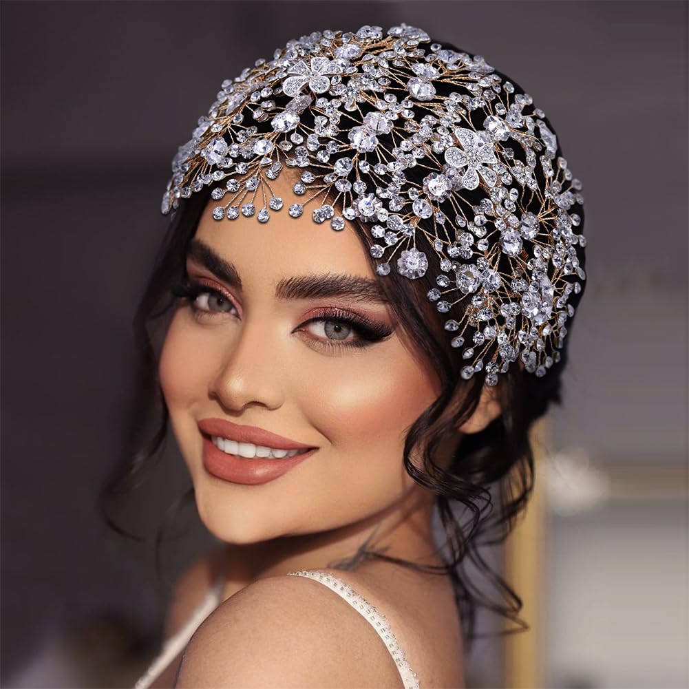 Diadema de diamantes de imitación para novias, hecha a mano, para boda, accesorios para el cabello (dorado + aretes de gancho para las orejas)