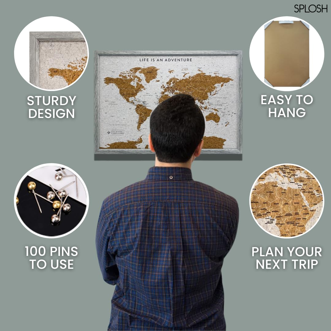 Splosh Mapa de Viaje Enmarcado - Tablero de Chinchetas de Madera Gris Mediano con 100 Chinchetas. Tablero de Corcho para Mapa de Viaje. Mapa del Mundo de Madera, Regalo de Viaje con Mapa de Corcho