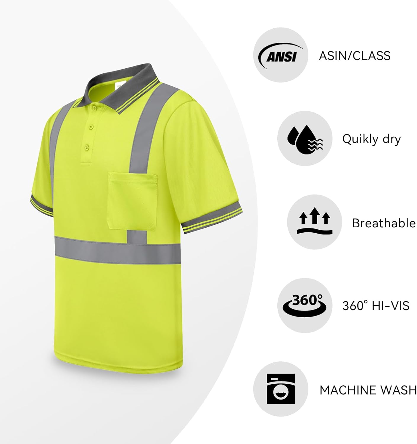 TCCFCCT Hi Vis Shirts for Men Short Sleeve High Visibility Shirts for Men with Polo Neck, Quick Drying Reflective Safety Shirts for Men Construction Worker, Driver, Surveyors, PLD-Yellow-XL - Image 4