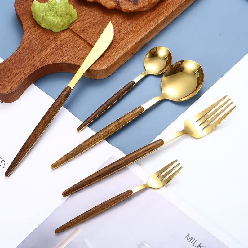 Stoviglie Set di posate in acciaio inossidabile da 30 pezzi/24 pezzi con posate con manico in legno per 6 persone, servizio da tavola per posate da banchetto per la casa (Color : 24pieces Silver)