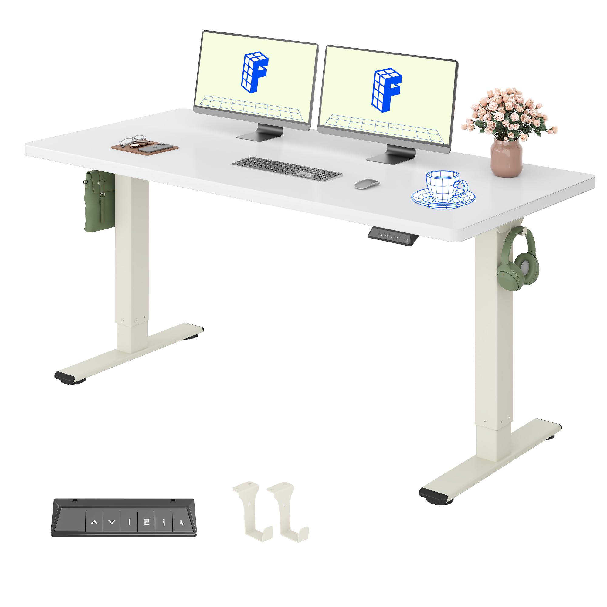 FLEXISPOT Standing Desk ONE PIECE Desktop Electric Height Adjustable Sit Stand Up with Backpack Hook Memory Smart Panel for Home Office, QN1 160 * 80cm White — image 1