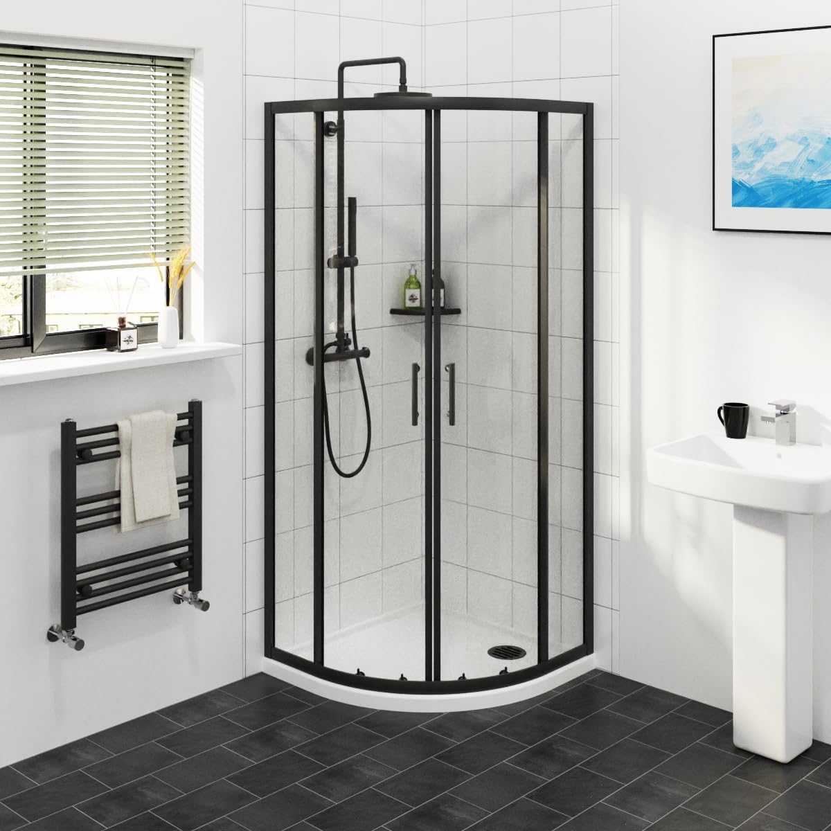 Nrg 800X800x1900mm 800 X 800Mm Matte Black Framed Quadrant Shower Enclosure Sliding Door 6Mm Easy Clean Glass
