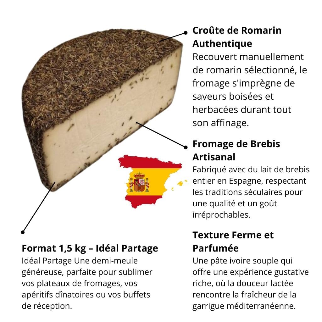 Manchego au Romarin – Fromage de Brebis Espagnol Artisanal – Demi-Meule de 1,5 kg environ – Pâte Pressée Recouverte de Romarin Frais – Saveurs Méditerranéennes & Boisées