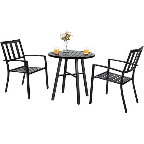 PHI VILLA 3 Piece Outdoor Patio Bistro Dining Set, Slatted Metal Round Table & 2 Patio Chairs, Outdoor Furniture Set for Porch, Deck