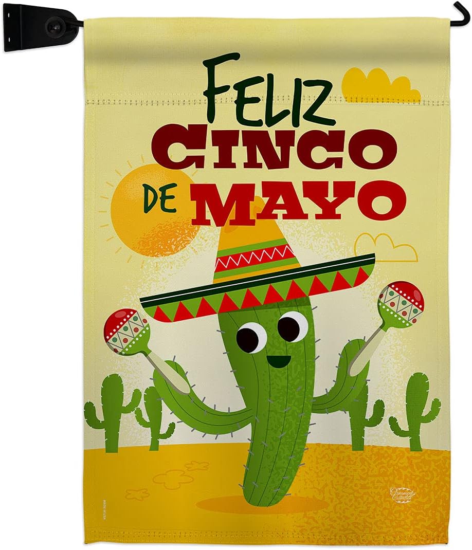 Feliz Cinco de Mayo Burlap Garden Flag Set Wall Holder Summertime Party Cactus Pinata Sombrero Mexican Fiesta Outdoor Small Decorative Gift Yard House Banner Double-Sided Made In USA 13 X 18.5