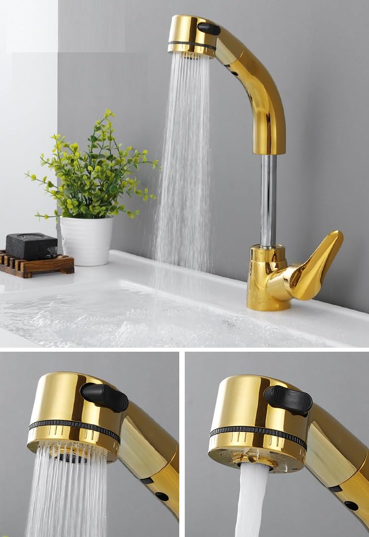 Komplett aus Kupfer versenkbare Küchenarmatur, Teleskop-Mischbatterie, Heiß- und Kaltspülmischer, Gold-Finish, Küchenspülen-Zubehör