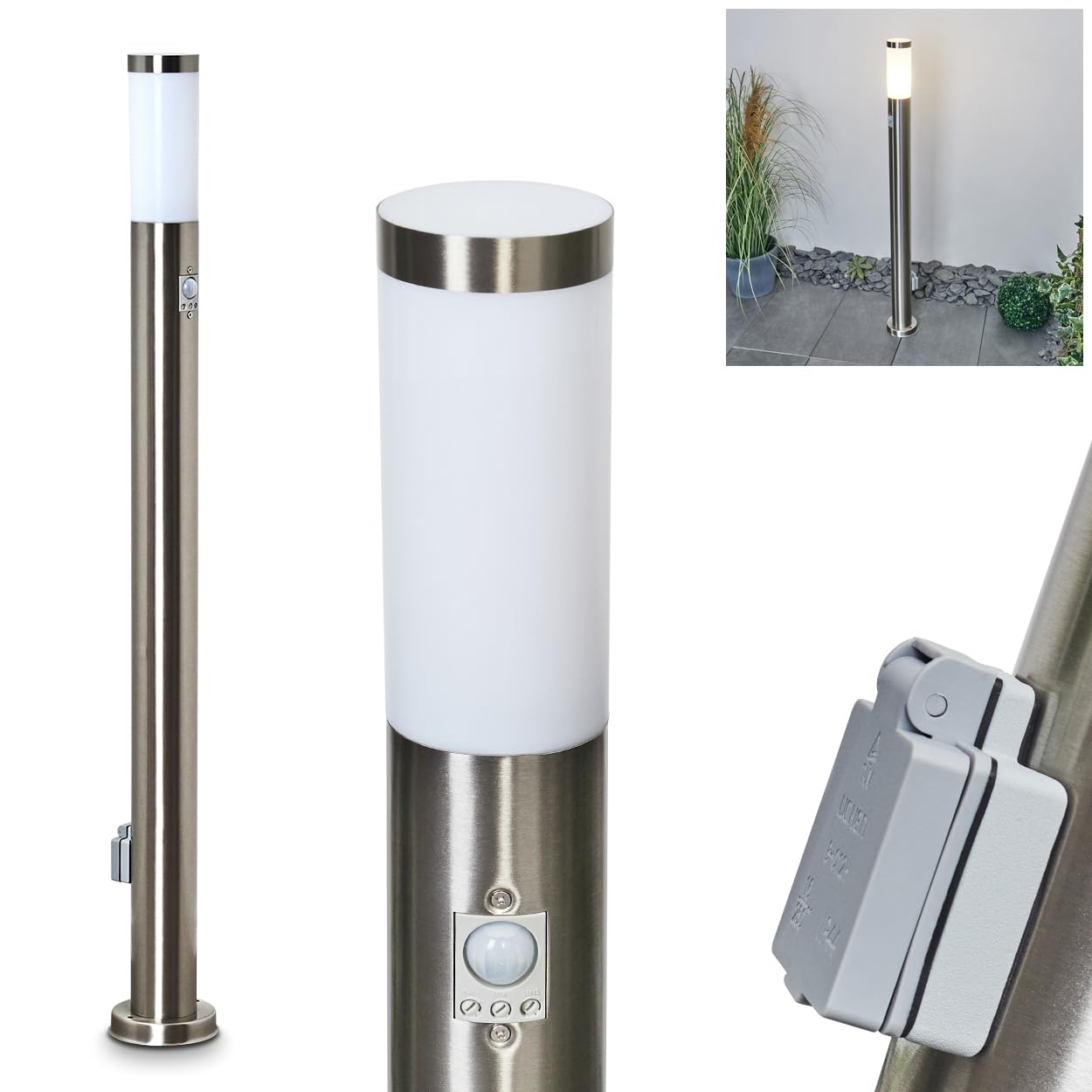 HOFSTEIN Wegeleuchte Sessa, Außenwegeleuchte mit Bewegungsmelder und Steckdose aus Metall/Kunststoff in Nickel-matt/Weiß, moderne Außenleuchte für Garten, Außenbereich, Hof, Terrasse, 110cm, E27, IP44