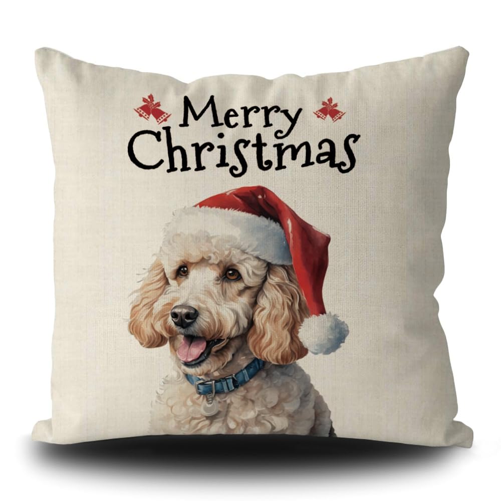 Funny Yorkshire Terrier Christmas Pillow Cover - Dog In Santa Hat Linen 18x18 Inch Holiday Decor
