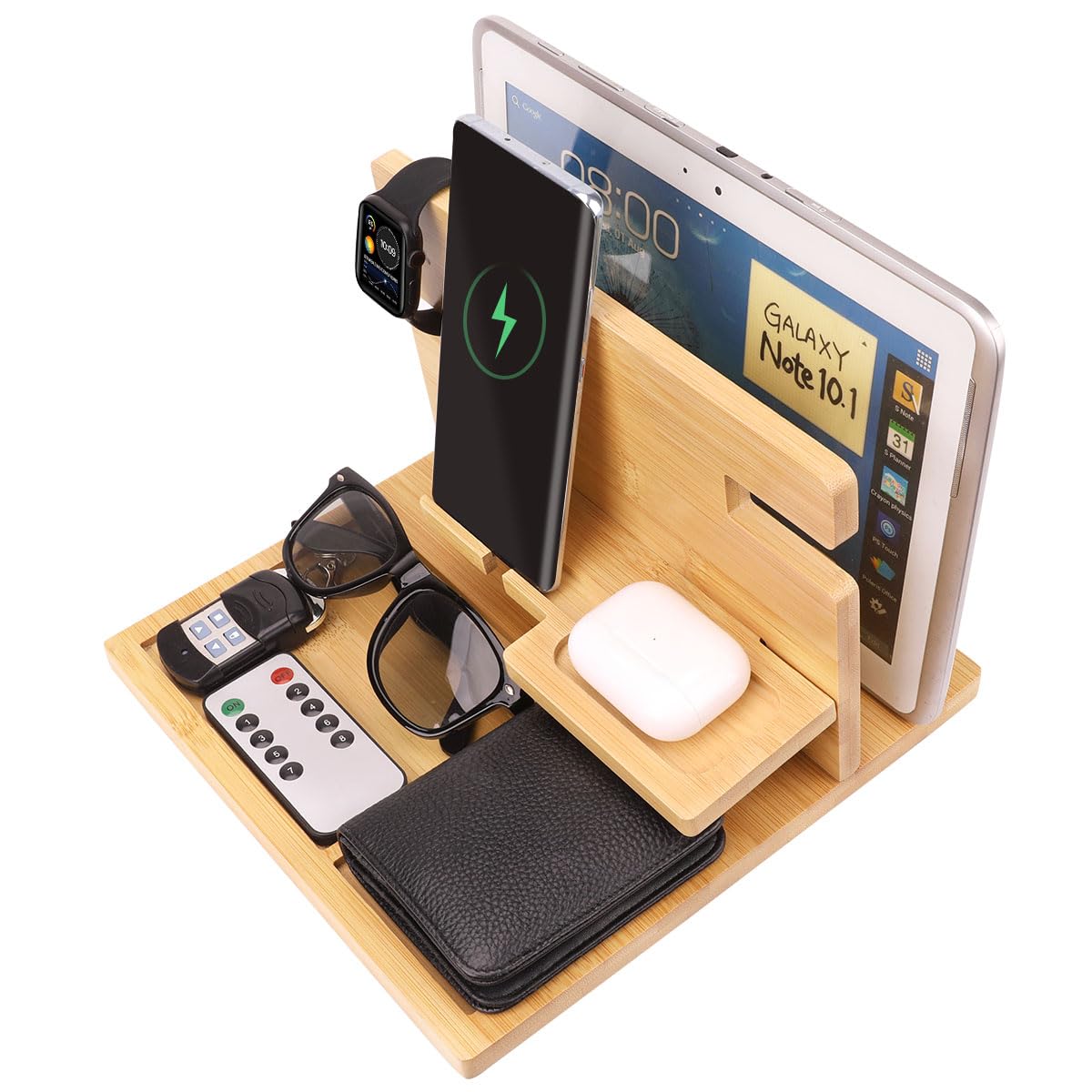 Soporte de bambú para teléfono, cartera, reloj, mesita de noche, organizador de escritorio para Apple Watch, lápiz, monedero, llaves