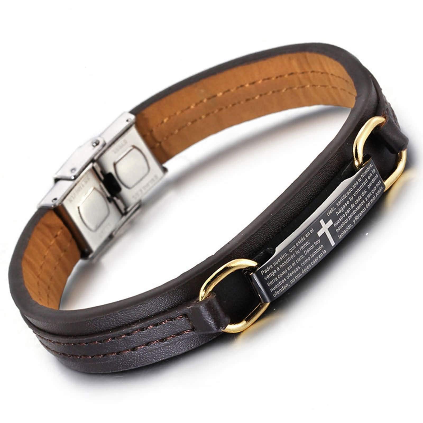 ANAZOZPulseras de Hombres,Pulsera de Acero Inoxidable Para Hombre Cruz con Biblia en Español Brazaletes Marrón