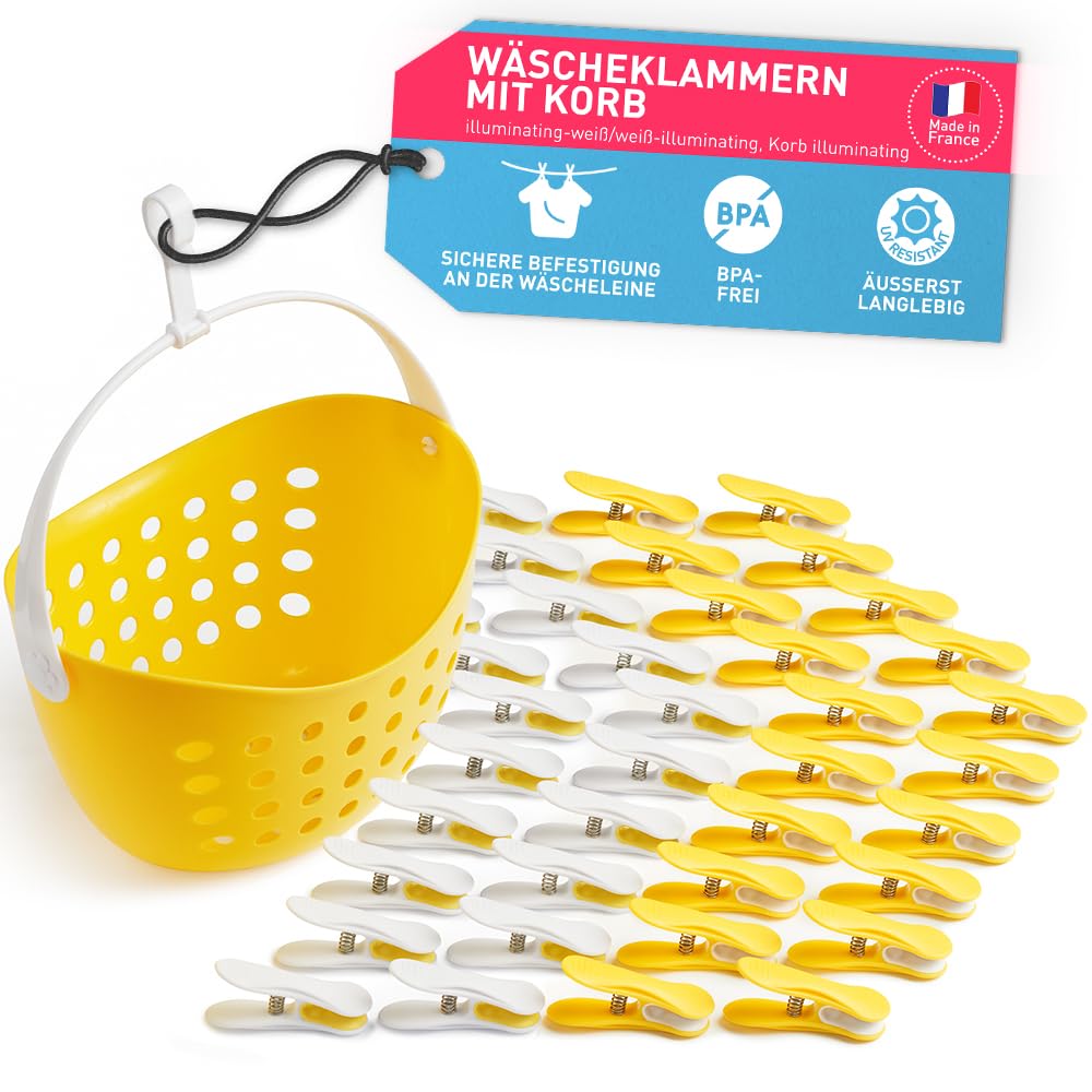 culiclean Wäscheklammern mit Korb – stabile Wäscheklammern mit Klammerkorb – Wäscheklammern mit Beutel – Soft Clips ohne Abdruck – 40 Stück – Illuminating-Weiss mit Korb Illuminating