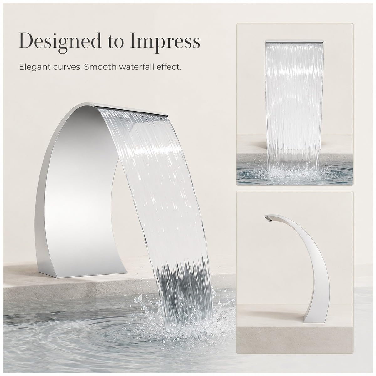 Fontaine Cascade Piscine et Étang – Lame d’Eau en Acier Inoxydable 304 – Débit Constant Design Incurvé – Déversoir pour Bassin de Jardin et Spa – Pompe Non Incluse