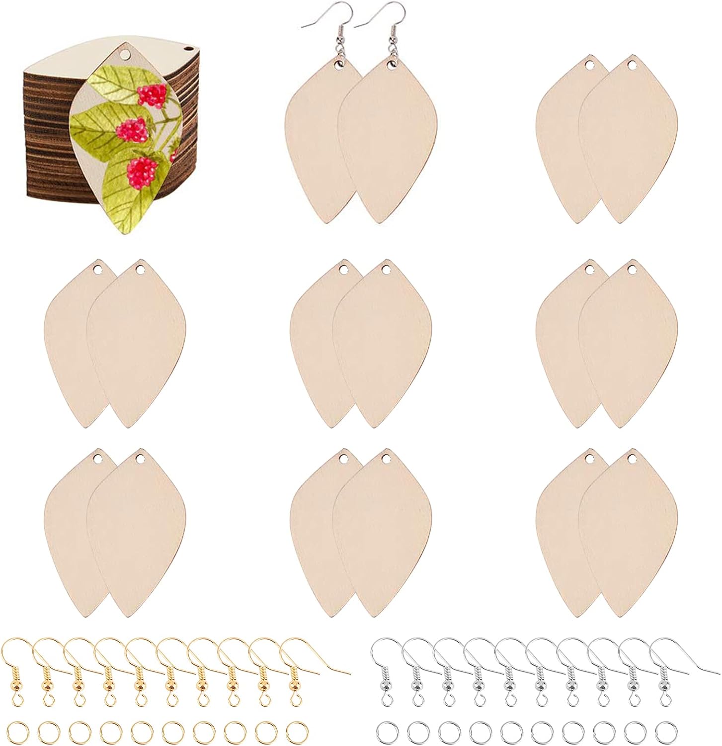 SUNNYCLUE 300Pcs Unfinished Wooden Earrings Blanks Kit Leaf Unfinished Wood Pendant Blanks Wood Earrings Pendants with Earring Hooks & Jump Rings for DIY Jewelry Making Birthday Gifts