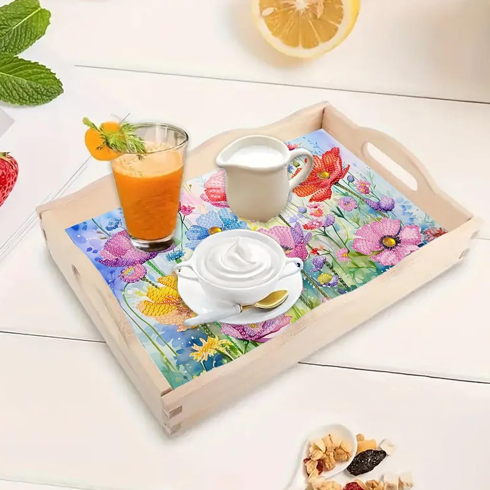 5D Flower Diamond Art Wooden Tray - Sparkling DIY Craft Multi-Functional Decorative Serving Tray for Home, Adults Handmade Gift（Flower）