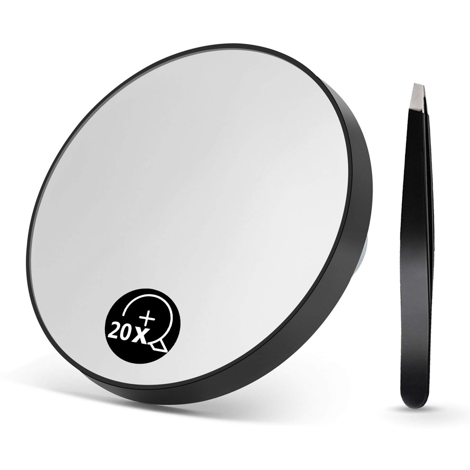 OMIRO 20X Magnifying Mirror and Eyebrow Tweezers Kit, 3.5" Two Suction Cups Magnifier Travel Set