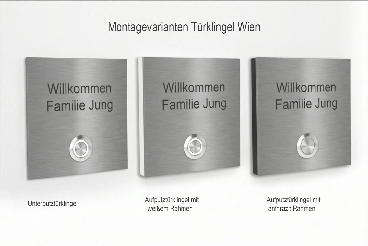 Jung Edelstahl Design Türklingel Wien - Klingel V2A Edelstahl - incl. Gravur - LED Taster wählbar - Aufputz/Unterputztürklingel (Edelstahl, 8x8 cm)