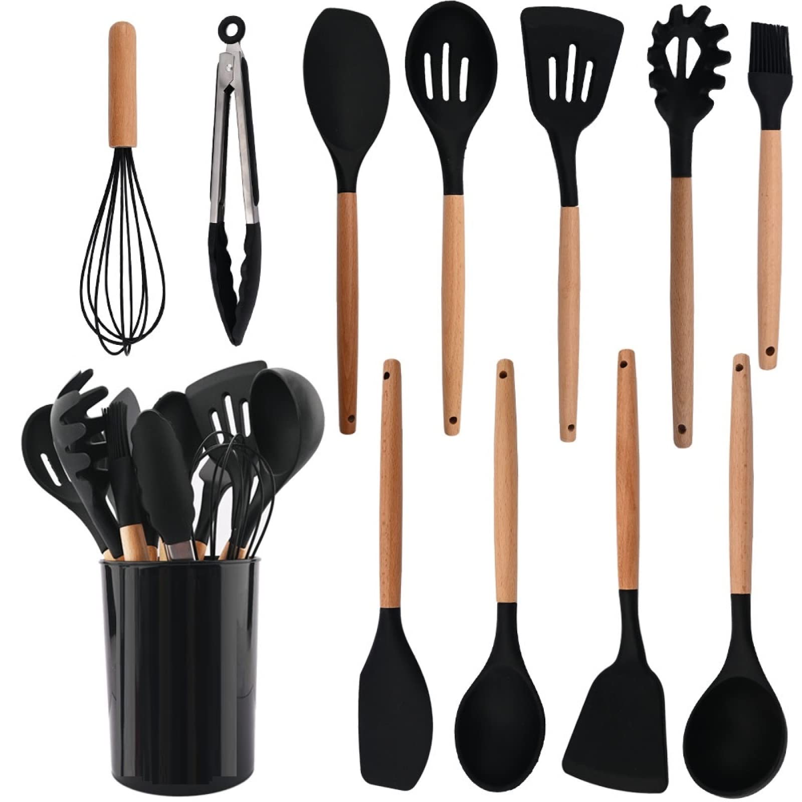 GTHTUHFD Cooking Spatulas And Spoons,Spoon Setcooking Utensils Set Silicone Kitchen Utensil Nonstick Cooking Utensils Wooden Handle Cookware Baking Gadget Set,Black 12pcs