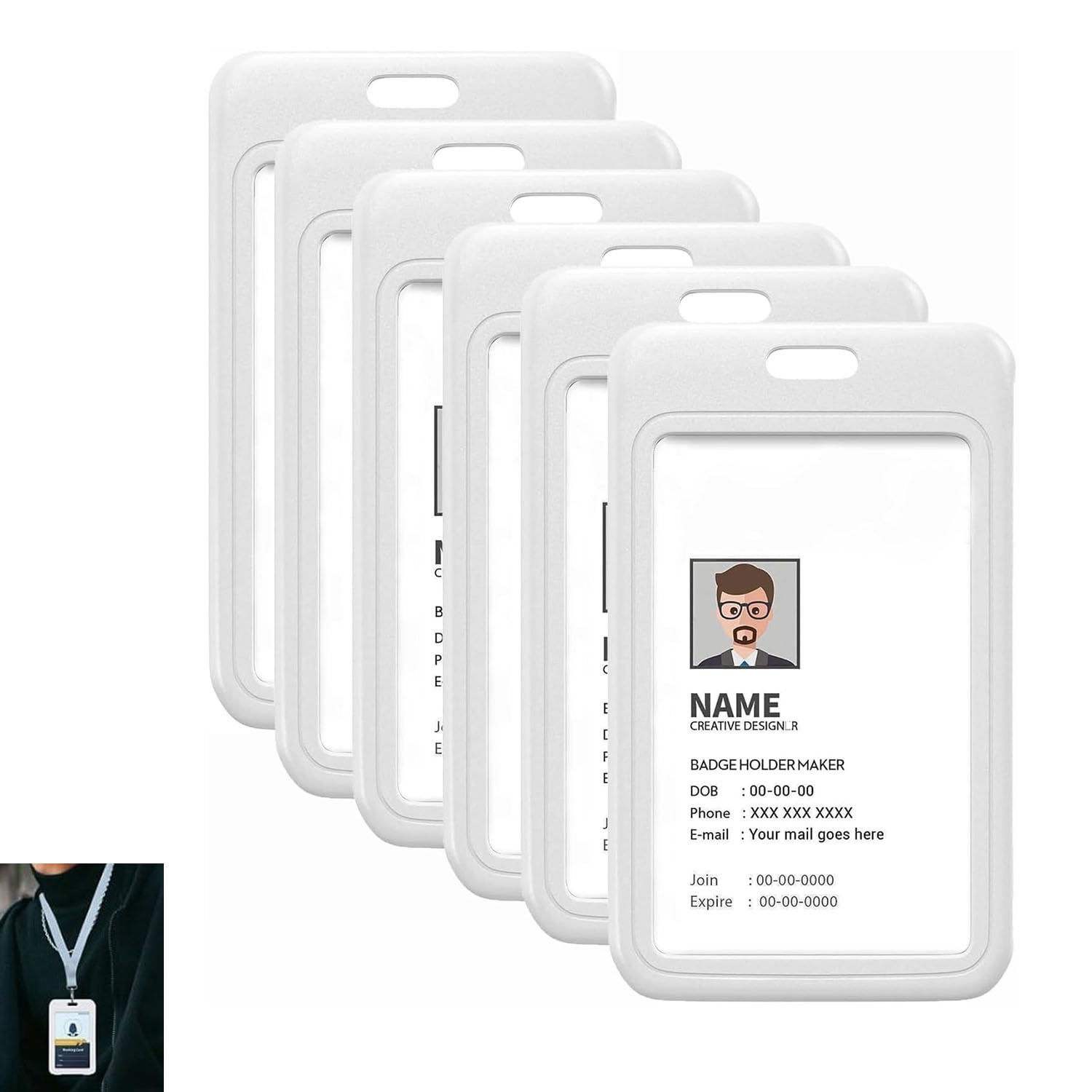 Bolivia's ID Badge Holder, 6 pcs White ID Card Holder Plastic with Lanyard, Lightweight Plastic Id Badge Holder for Office, School ID, Credit Cards, Proximity Key Cards, Driver’s Licenses and Passes