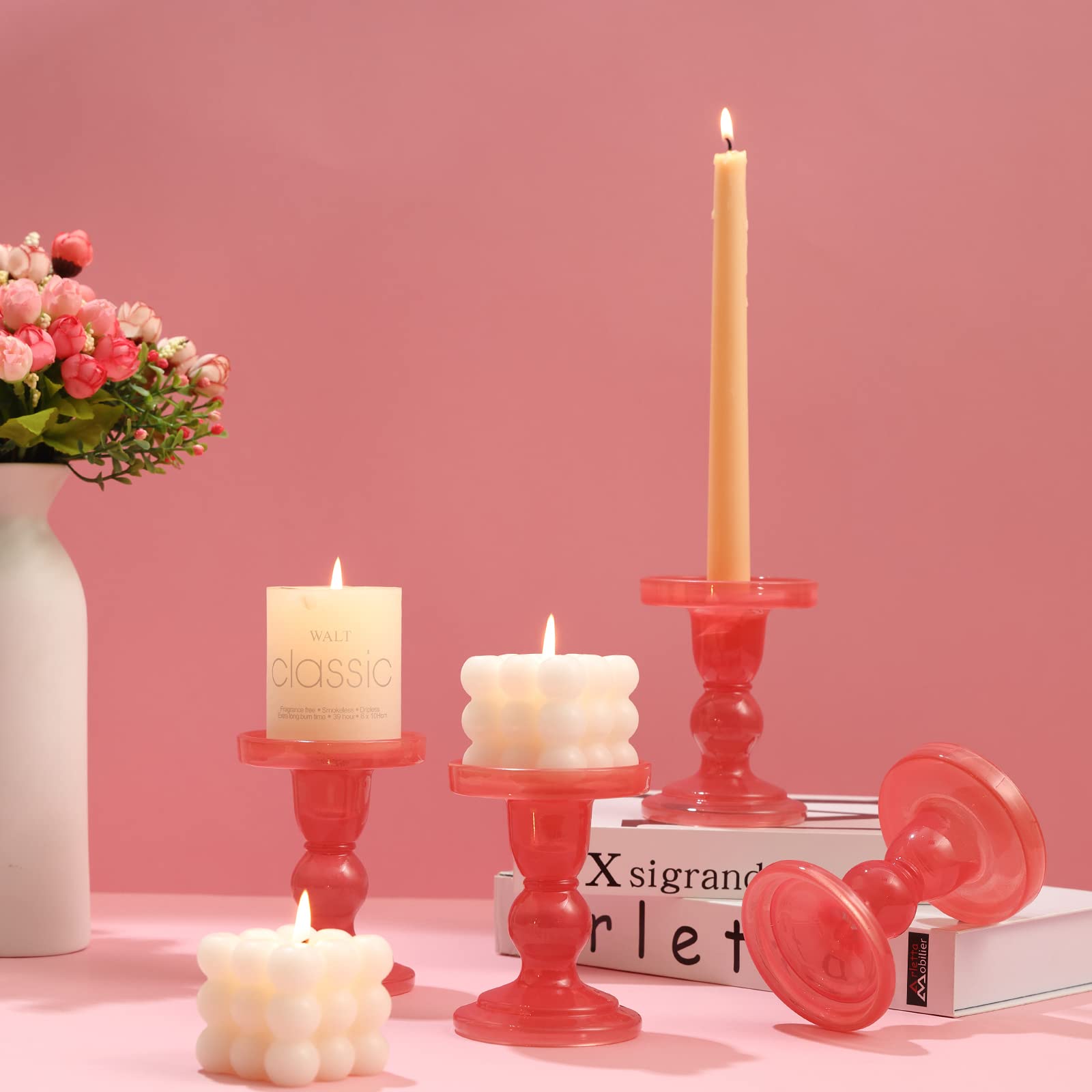 4 Pcs Glass Candle Holders Pink, ViViTOP Taper Pillar Candle Holders Set, Candlestick Holders Candles Tealight Stand for Wedding Centerpieces Home Decorations Dining Table