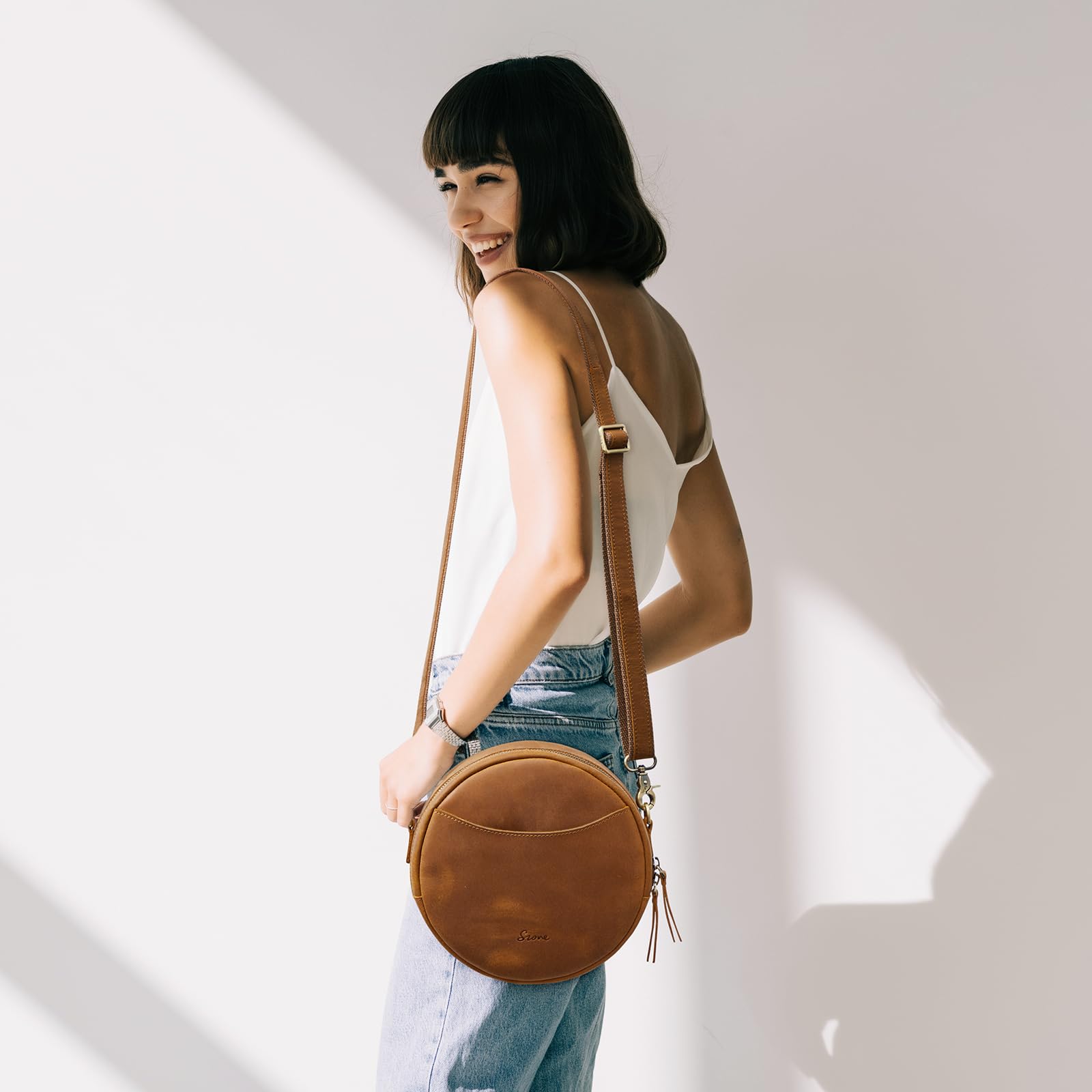 S-ZONE Damen Leder Umhängetaschen Trendige Runde Shopper Schultertasche Runde Designer Geldbörsen Datingstasche Tragetasche