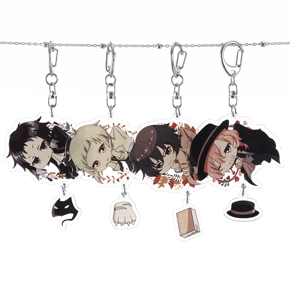 Set 4 Portachiavi Anime Bungo Stray Dogs - Personaggi Dazai, Atsushi, Chuuya In Acrilico Doppia Faccia