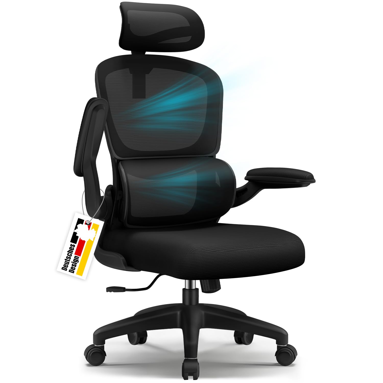 Bürostuhl, Bürostuhl Ergonomisch, Schreibtischstuhl mit Segmentierter Rückenlehne, Adaptiver Lendenstütze und 90°klappbaren Armlehnen, Schreibtischsessel Neigbar bis 135°, Office Chair