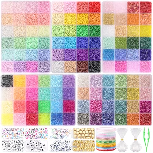 Funtopia 34000pcs+ 3mm Seed Beads for Jewelry Making 5 Types 120 Colors Small Glass Beads for Bracelets Friendship Bracelet Kit with Alphabet Letter Beads Smile Face Beads for DIY Art and Craft