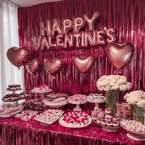 Image of PartyWoo Burgundy Streamers Fringe Curtain Backdrop 3pcs 8.2 ft Red Tinsel Foil Backdrop for Baby Shower Graduation Birthday Girls Mothers Day Casino Firefighter Red Carpet Cherry Party Decorations