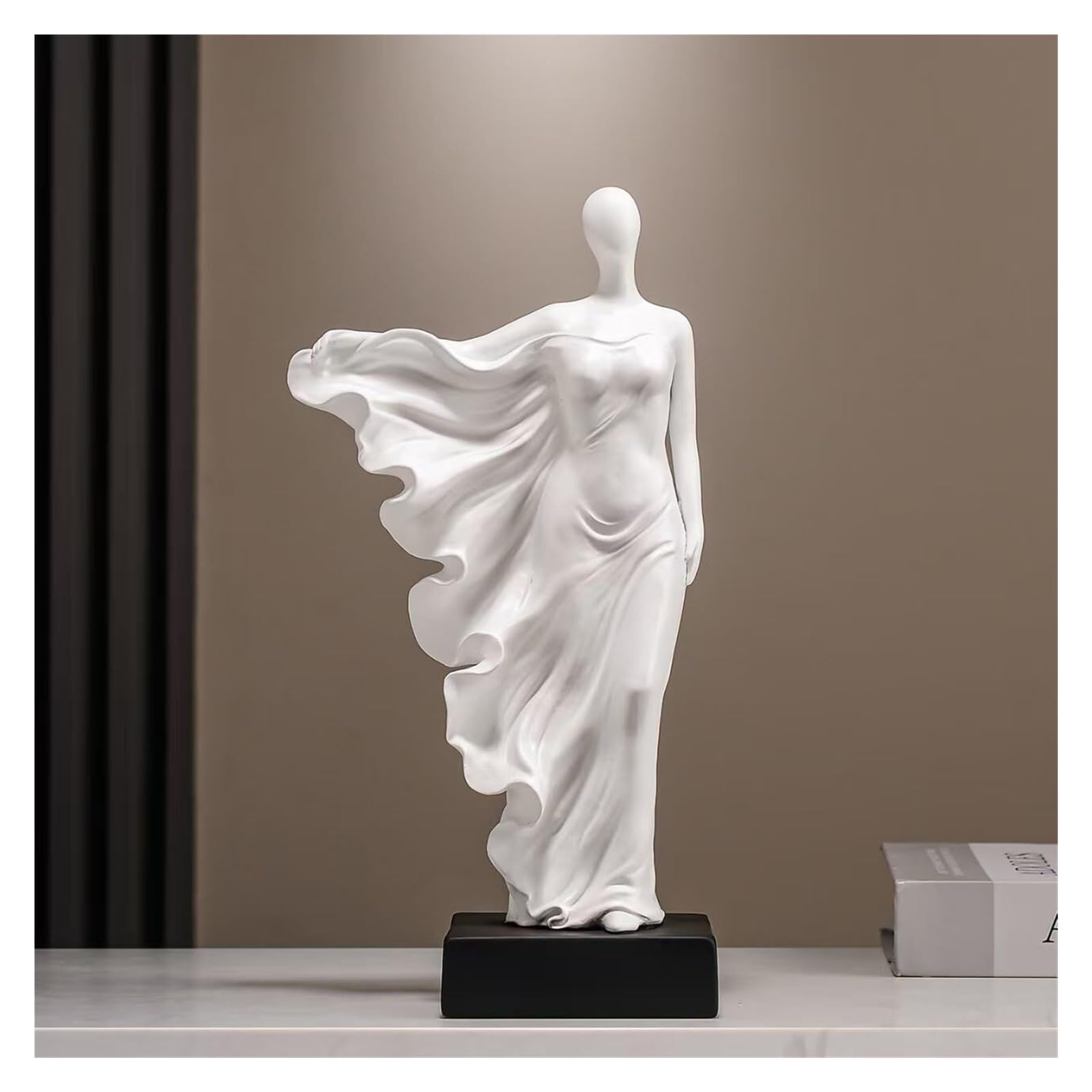 NingBright Desk Decor European Abstract Figure Sculpture with Flowing Drape Black Base Statue Esculturas y Accesorios Decorativos(White)