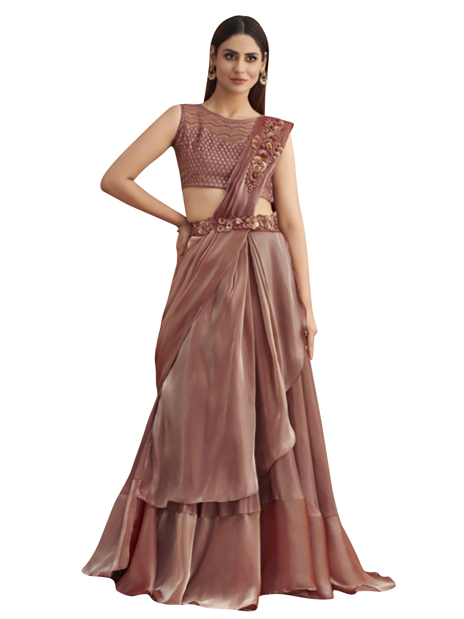 AKHILAMWomen's Embroidered Patch Work Satin Silk Ready To Wear one Minute Saree With Unstitched Blouse Piece