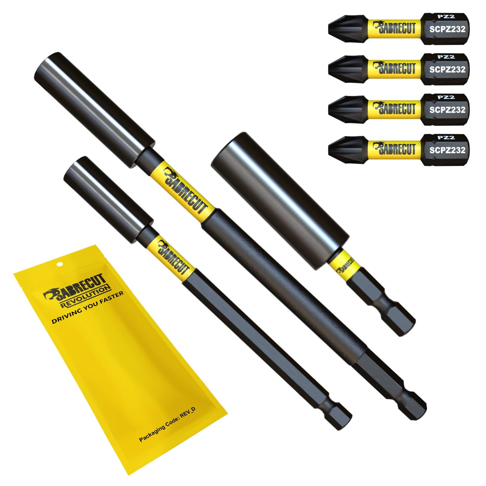 Sabrecut Black 7 Piece Scrk9 Magnetic 60Mm 100Mm And 152Mm Professional Impact Bit Holders With 4 X 32Mm Pz2 Screwdriver Impact Bits