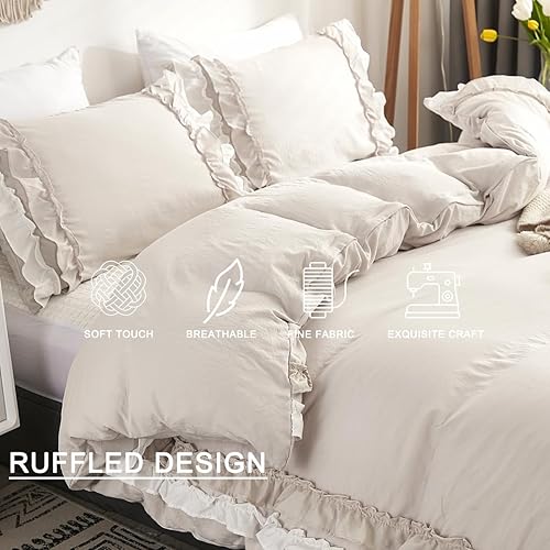 Miniatura 10 de Wotcsil Juego de ropa de cama con volantes rosados para mujeres y niñas, juego de funda de edredón con volantes, funda de edredón lisa, estilo