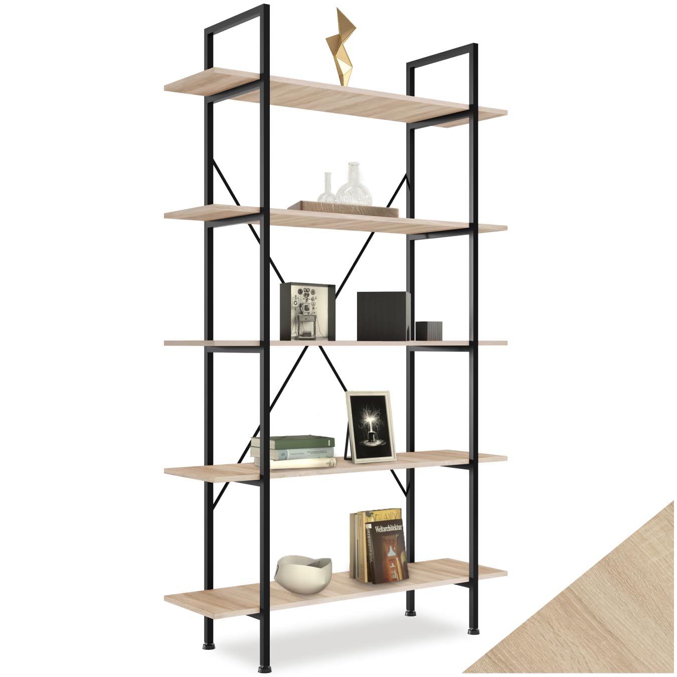 tectake Bücherregal mit 5 Ebenen, stabiles Standregal, Industrial Design, schwarzer Metallrahmen, Vintage Regal aus Holz, 106 x 34,5 x 179,5 cm (Industrial Holz hell, Eiche Sonoma)