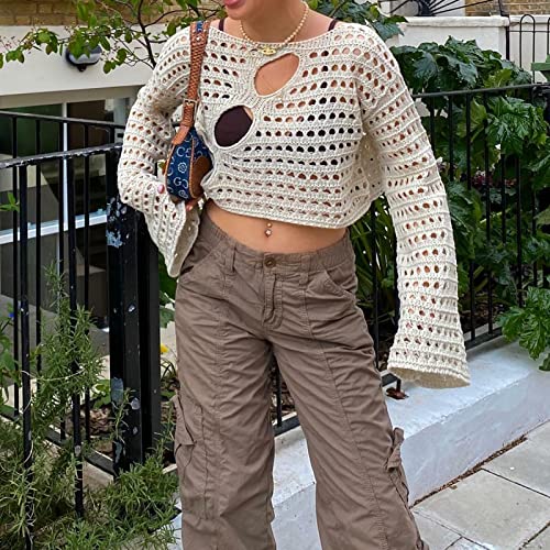 Women Hollow Out Crochet Knit Crop Tops Color Block Long Sleeve Square Neck Fall Sweaters Tops3