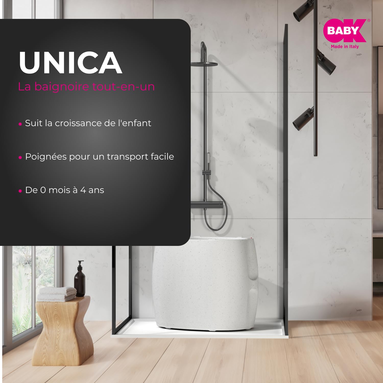 OKBABY Unica - Bañera 0-4 Años con Doble Uso, Termómetro Incorporado y Soporte Ergonómico - Bañera y Minipiscina para Niños - Granito