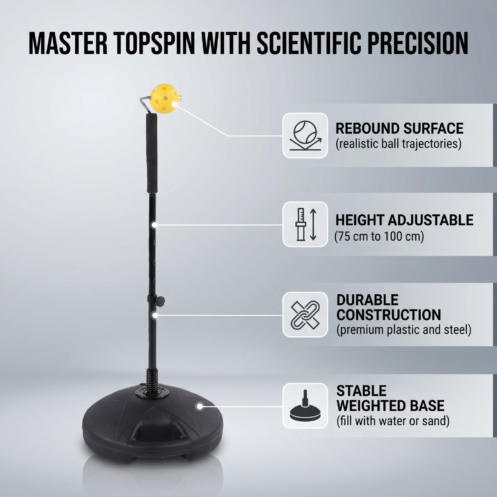 Tennis Topspin Trainer with Adjustable Height | Plastica resistente e acciaio, design di rimbalzo per colpi più profondi, supporto di base stabile per la pratica