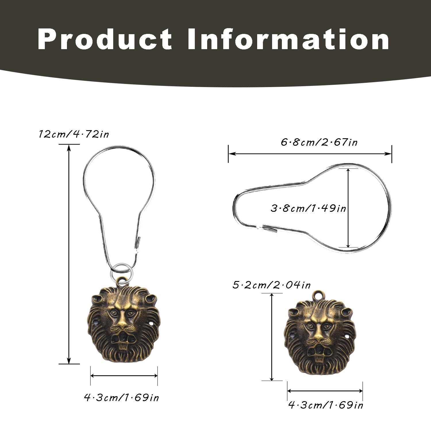 12 PCS Lion Shower Curtain Hook Animal Shower Curtain Hook Rust Proof Metal Stainless Steel Curtain Ring Nature Animal Vintage Theme Bathroom Decor for Bathroom Bedroom Living Room