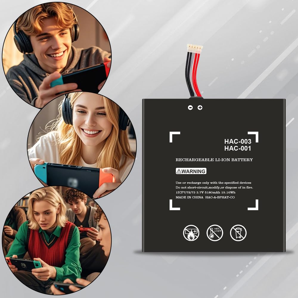 [5180mAh] HAC-003 Batterie de rechange compatible avec console de jeu portable Nintendo Switch 2017 HAC-001 HAC-A-BPHAT-C0, HAC-S-JP/EU-C0 Mise à niveau interne 5180 mAh haute capacité avec kit