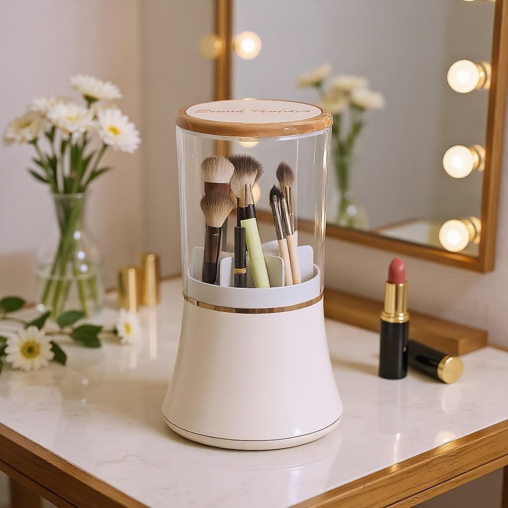 Wattlink Gold White Exquisite Makeup Brush Organizer, Makeup Brush Holder With Lid, Cosmetic Tools Storage Organizer For Vanity Desktop Bathroom Countertop (White)