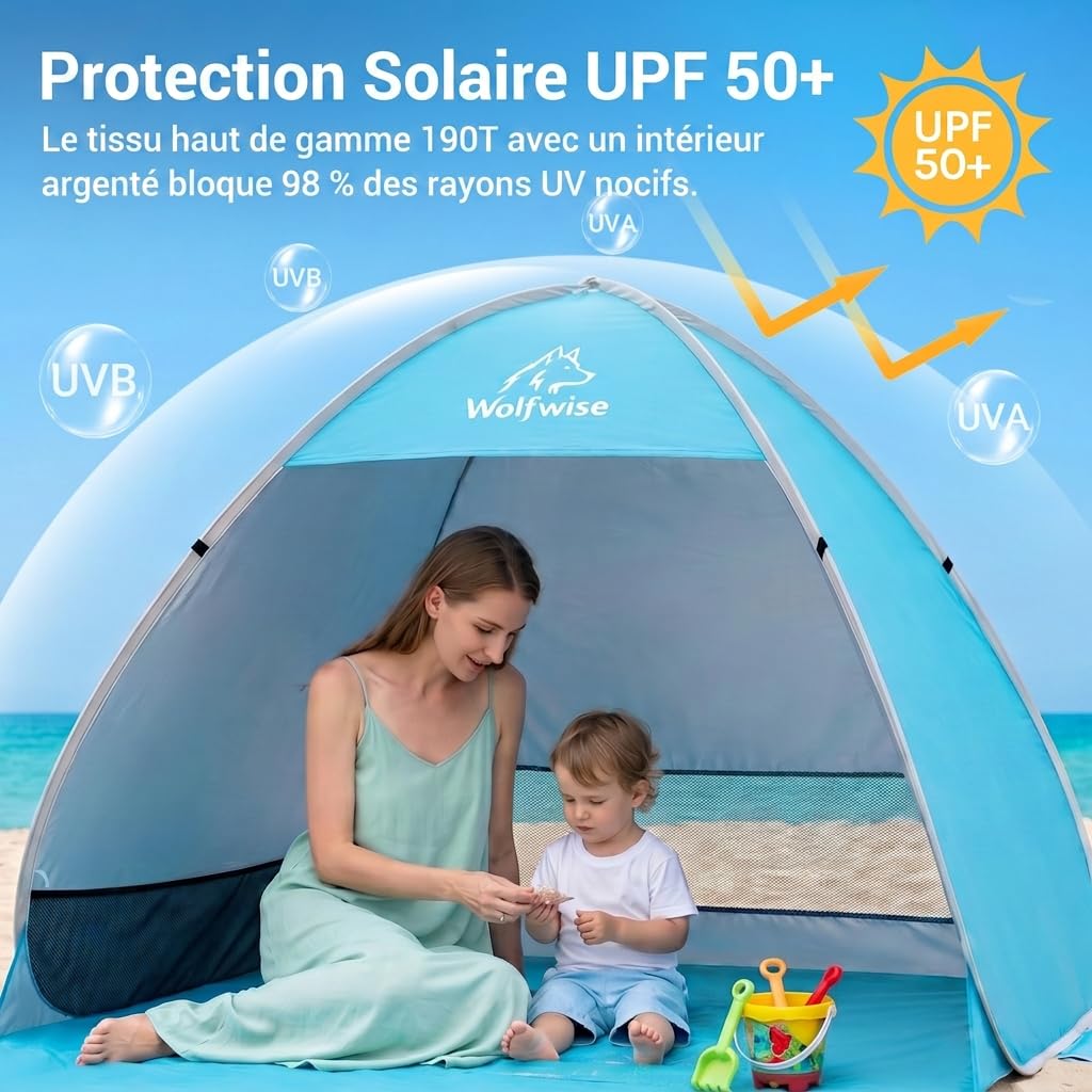 WolfWise Tente de Plage Pop-up UPF 50+ - Abri Solaire instantané Automatique Portable - Parapluie de Sport pour bébé