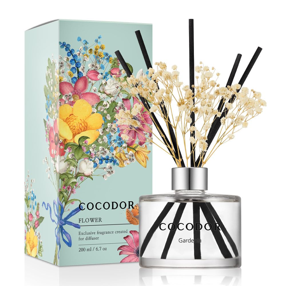 COCODOR Blumen-Schilfrohr-Diffusor-Set, 190 ml, Gardenie, Duftdiffusor mit Stäbchen, Raumduft, Schilfrohr-Diffusor für Badezimmer, Regal-Dekor
