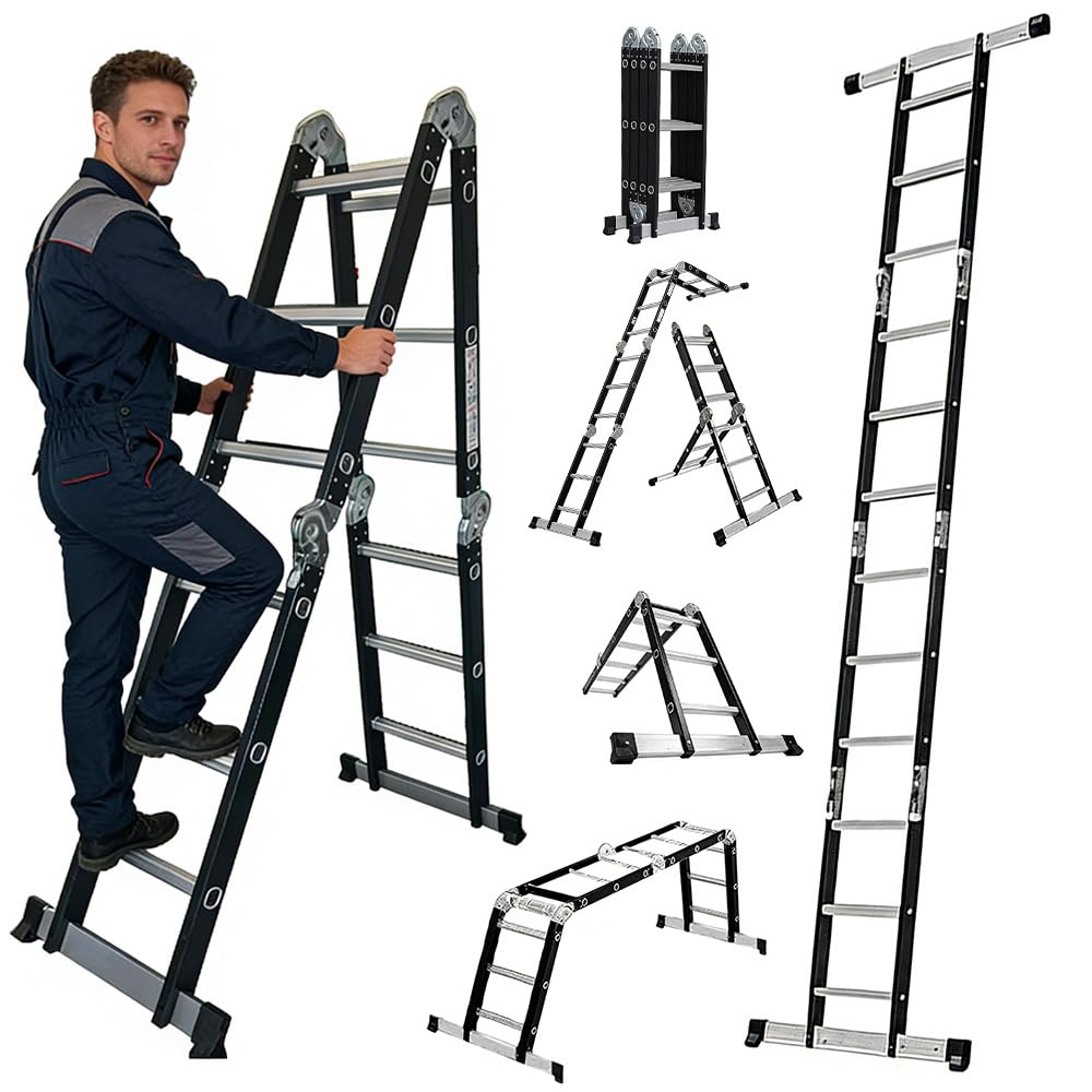 12-Tread Heavy Duty Combination Ladder with Non-Slip Step, Steel Frame & Aluminum Rungs, 150kg Maximum Load Capacity for Industrial and Home Use