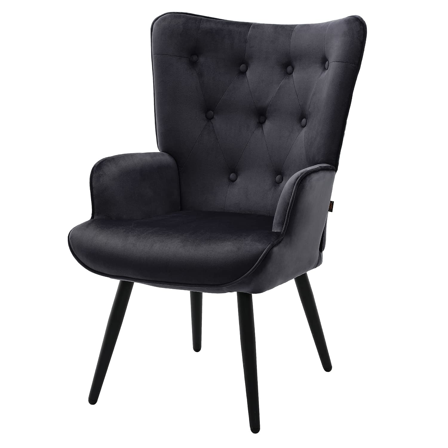 Furniliving Velvet Accent Chair Modern Upholstered Side Armchair with Tapered Legs Tufted Button Wingback Sofa Chairs Tall Back Reading Chair for Living Room Bedroom Waiting Room, Black