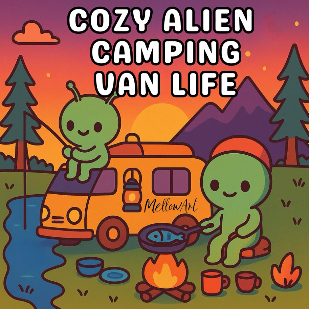 Cozy Alien Van Life Coloring Book for Stress Relief – 32 Ready-to-Color Cute Camping Scenes with Camper Van, Tent, Campfire & Outdoor Adventure for Kids, Teens and Adults