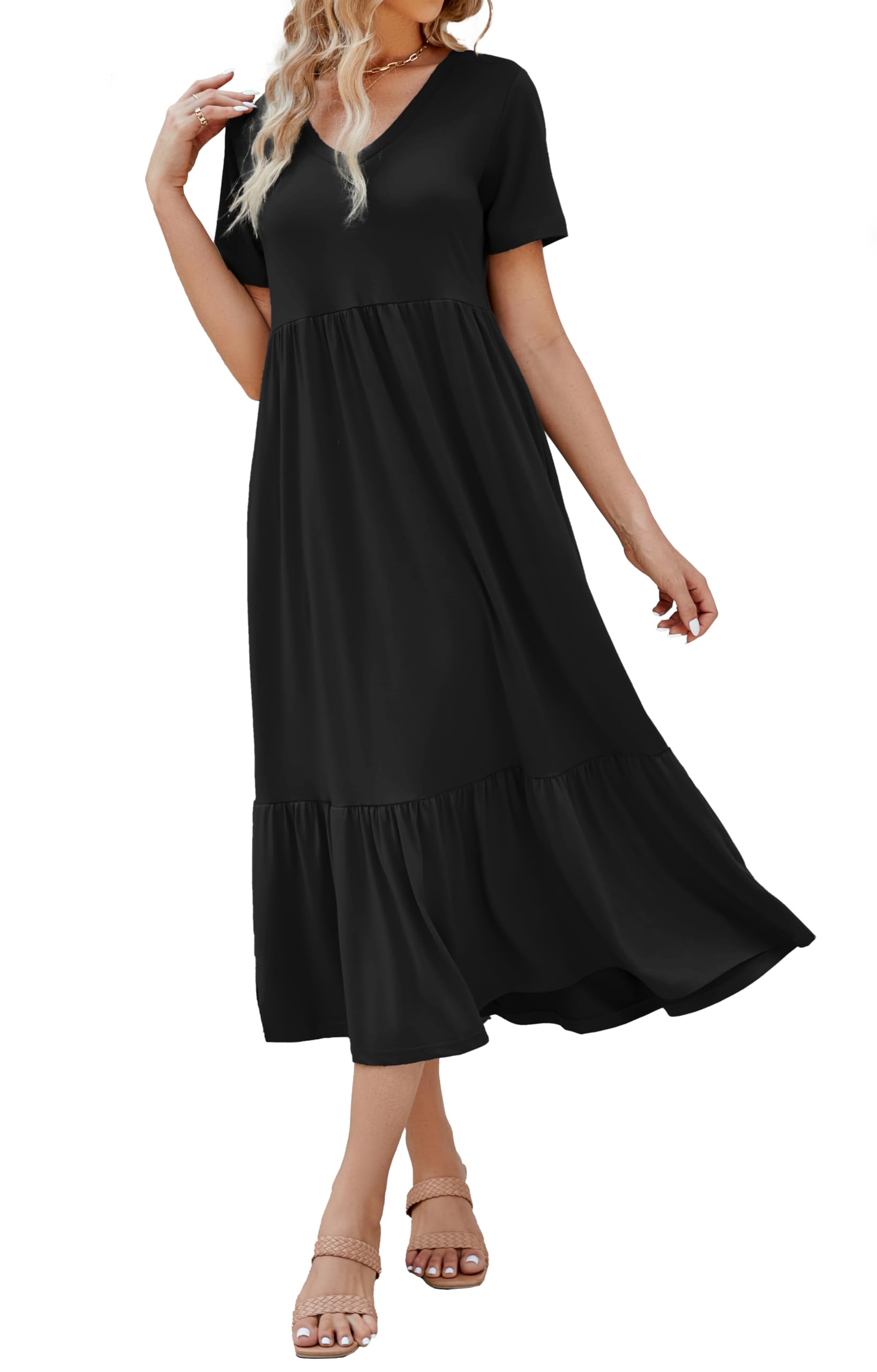 Women's 2025 Summer Short Sleeve V Neck Swing Dress Flowy Tiered Maxi Beach Sundress with Pockets